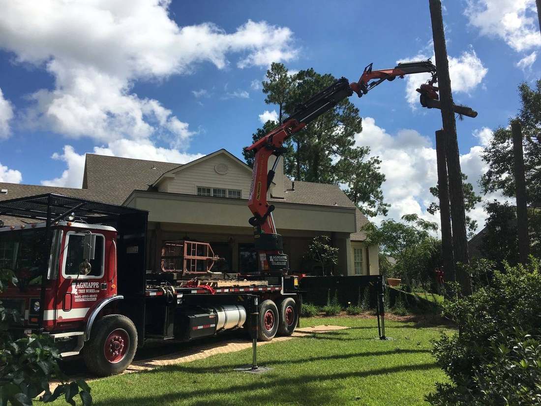 Lagniappe crane truck set up on a residential lawn beside a two-storey house